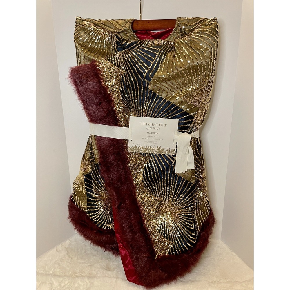 Trimsetter by Dillards Square Gold Sequence Faux Fur Trim Tree Skirt 60" New